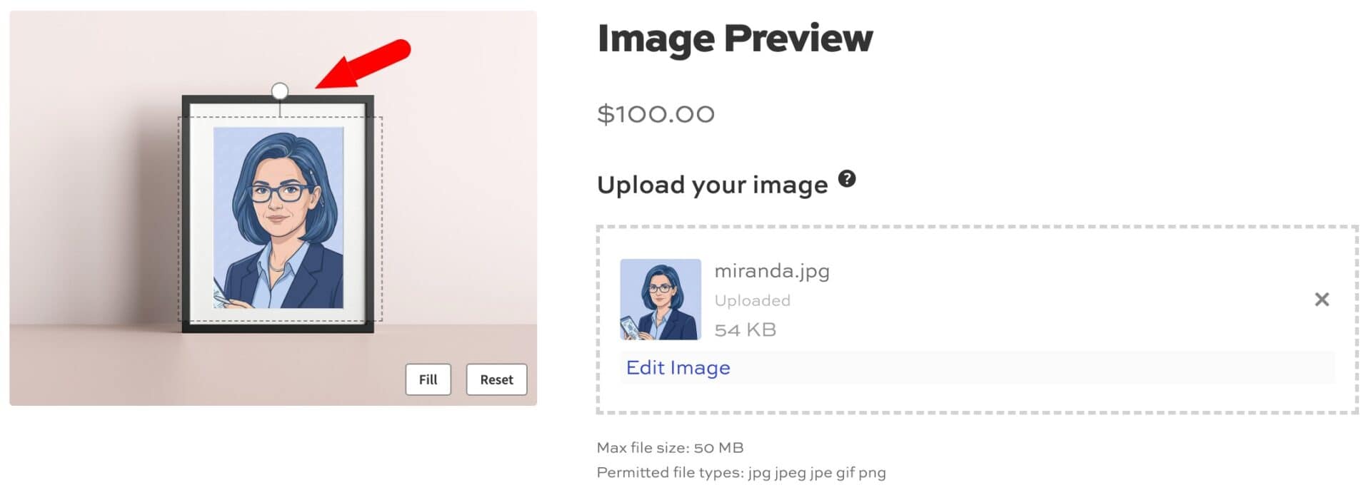 Interaction controls on live image preview upload
