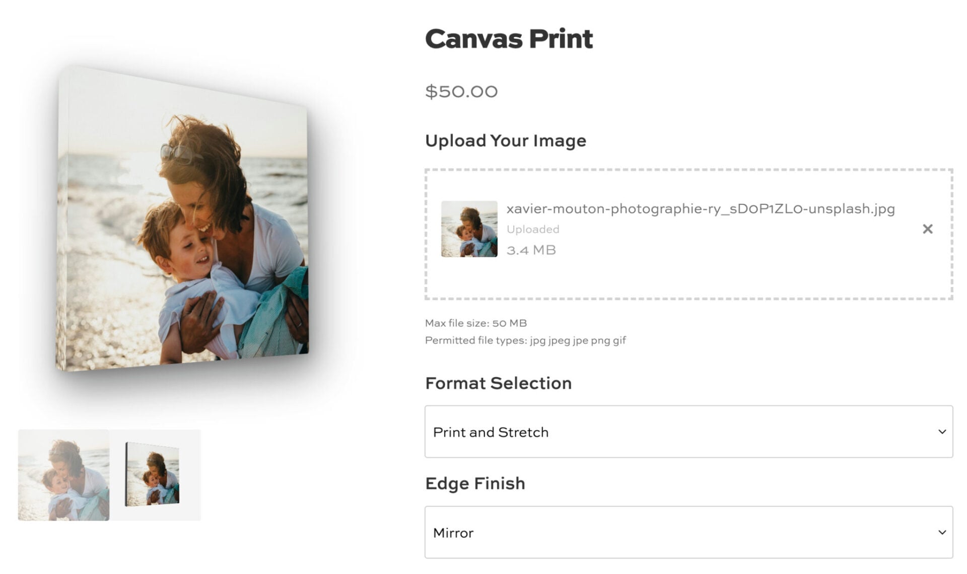Product page showing uploaded photo wrapped on canvas