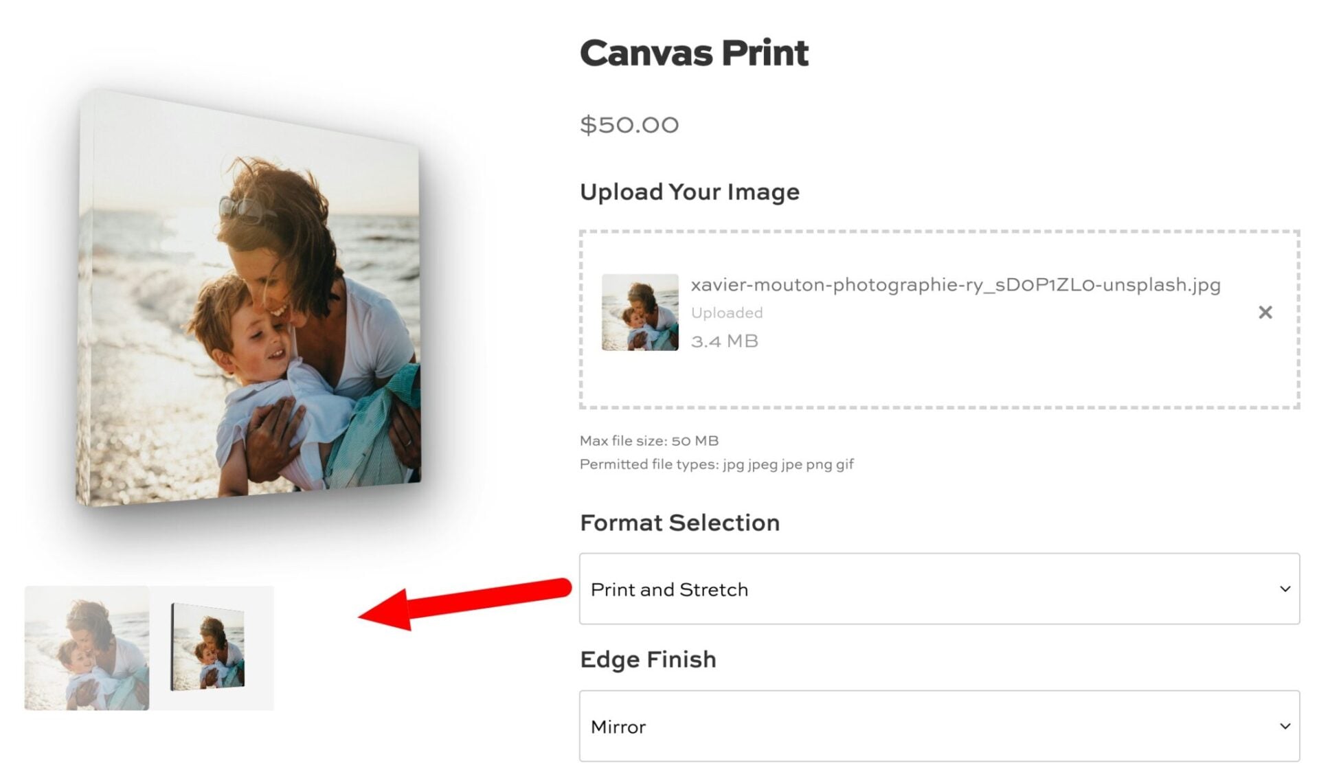 Thumbnail selectors to switch between 3d wrap view and flat preview