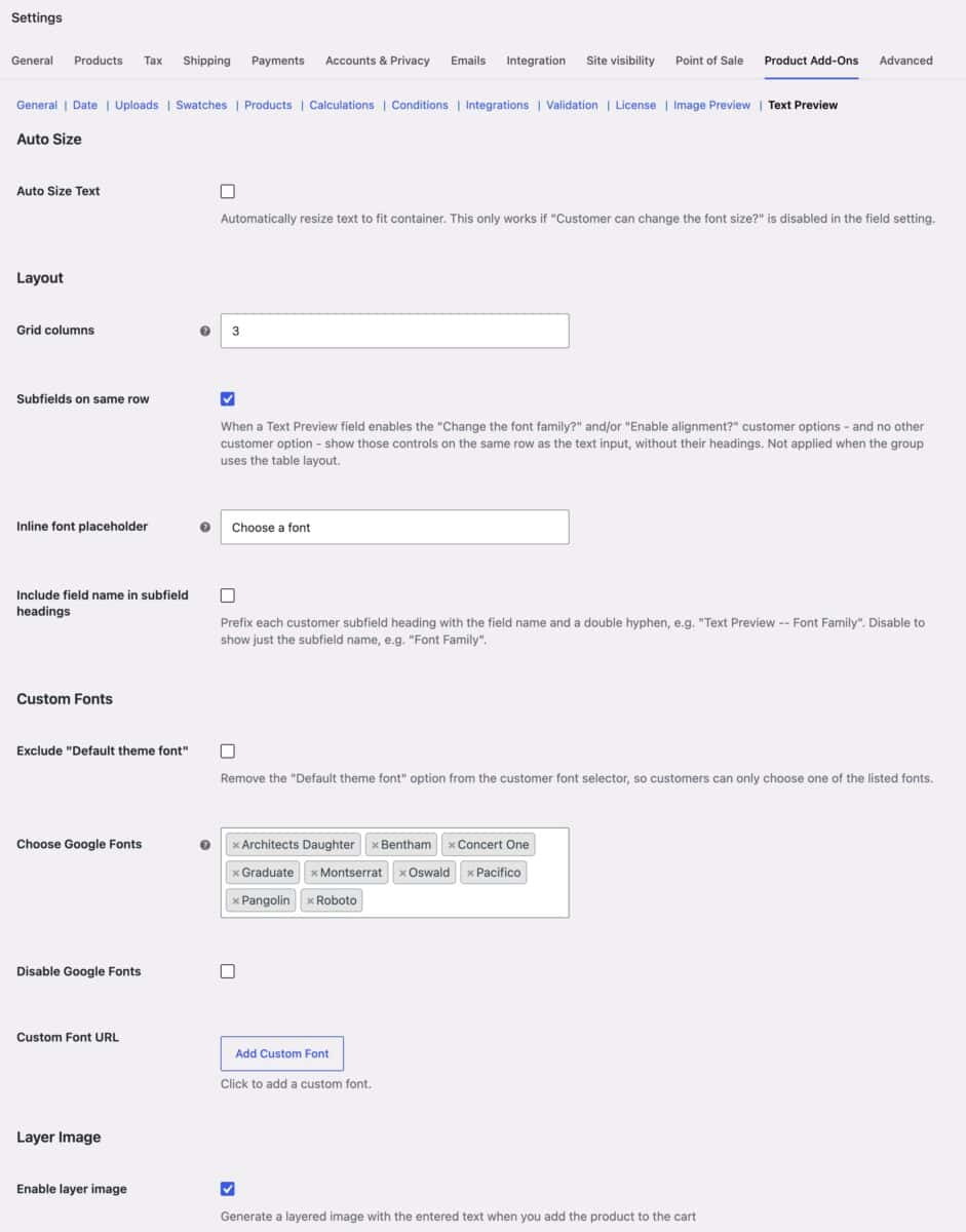 Text Preview global settings