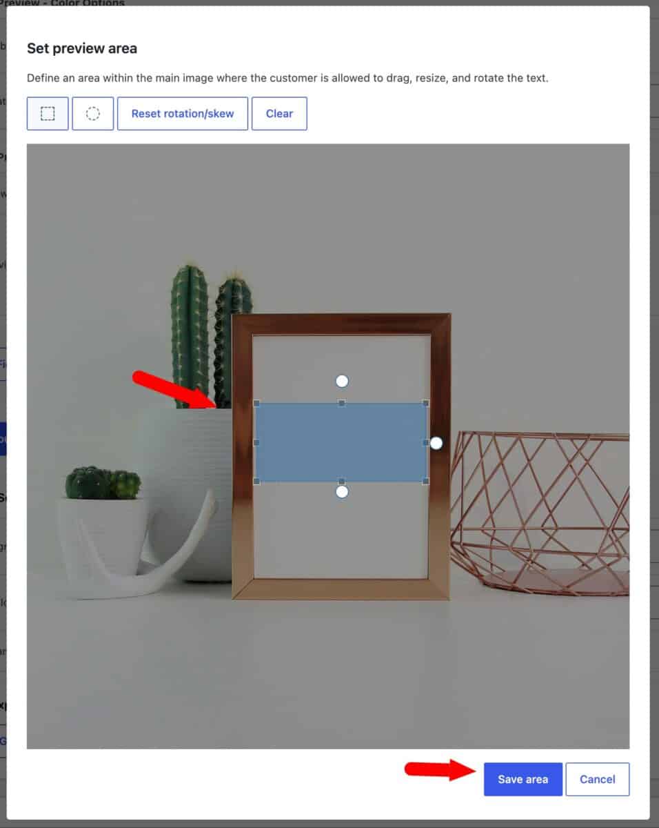 Define a live text preview area on your main product image