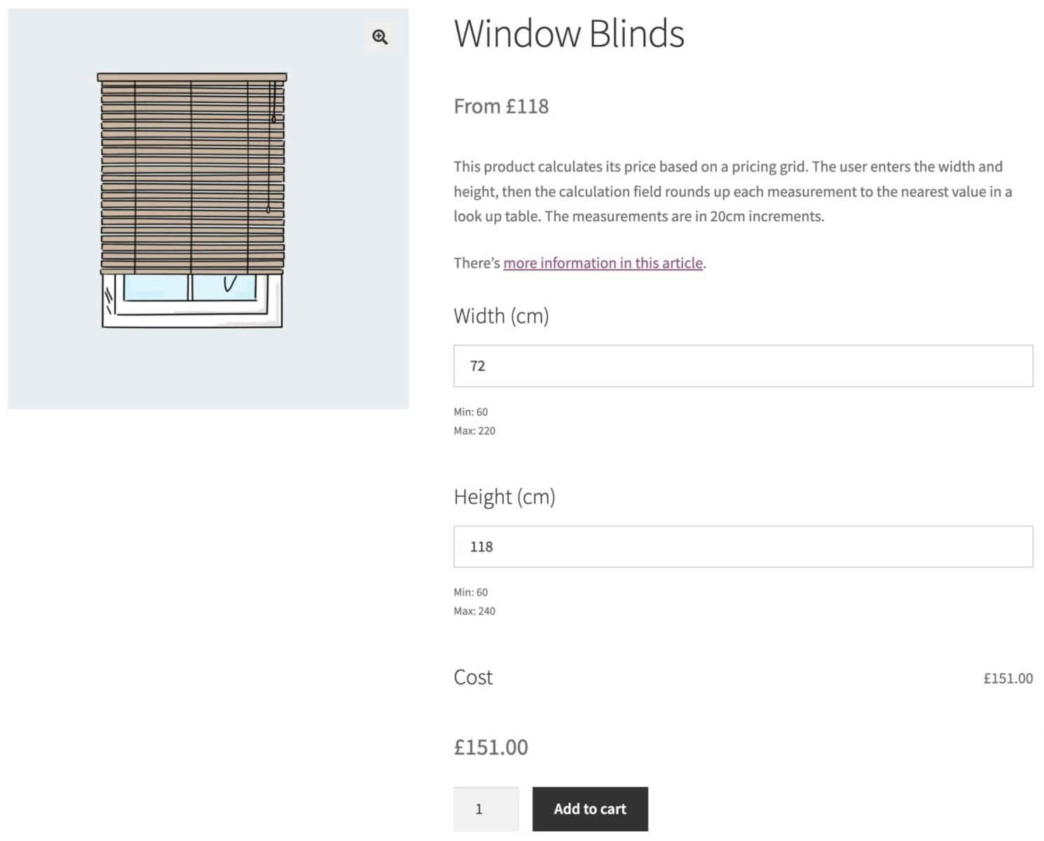 WooCommerce window blinds price calculation