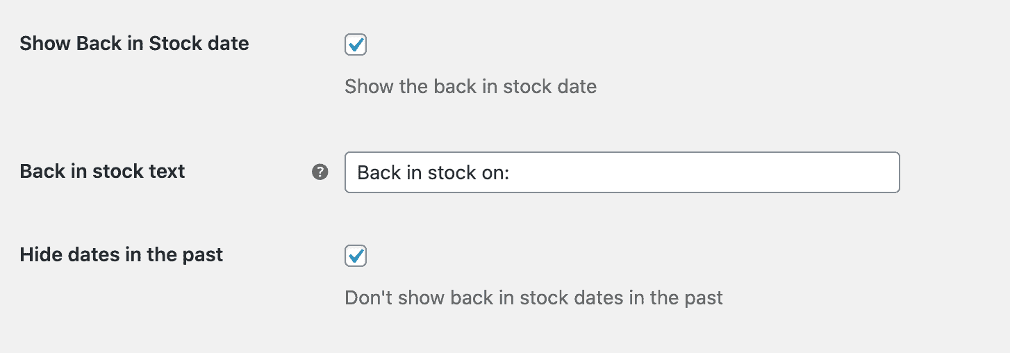 Back in stock settings