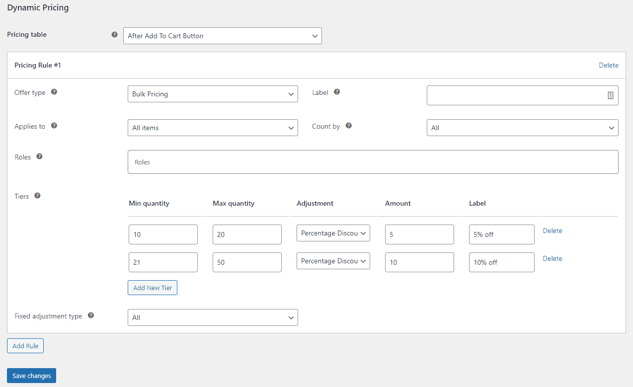 Setting up a pricing rule for bulk pricing on all products.