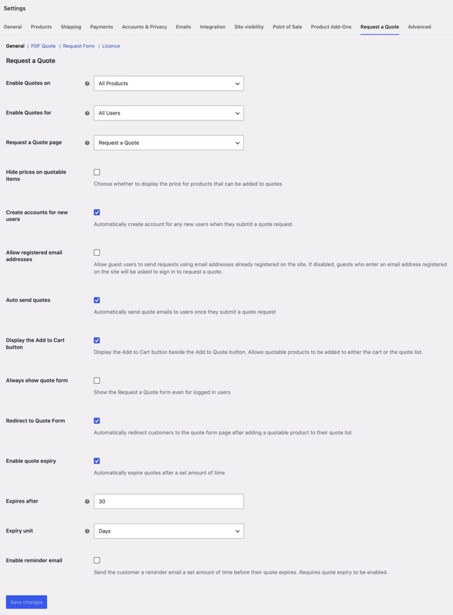 WooCommerce Request a Quote settings