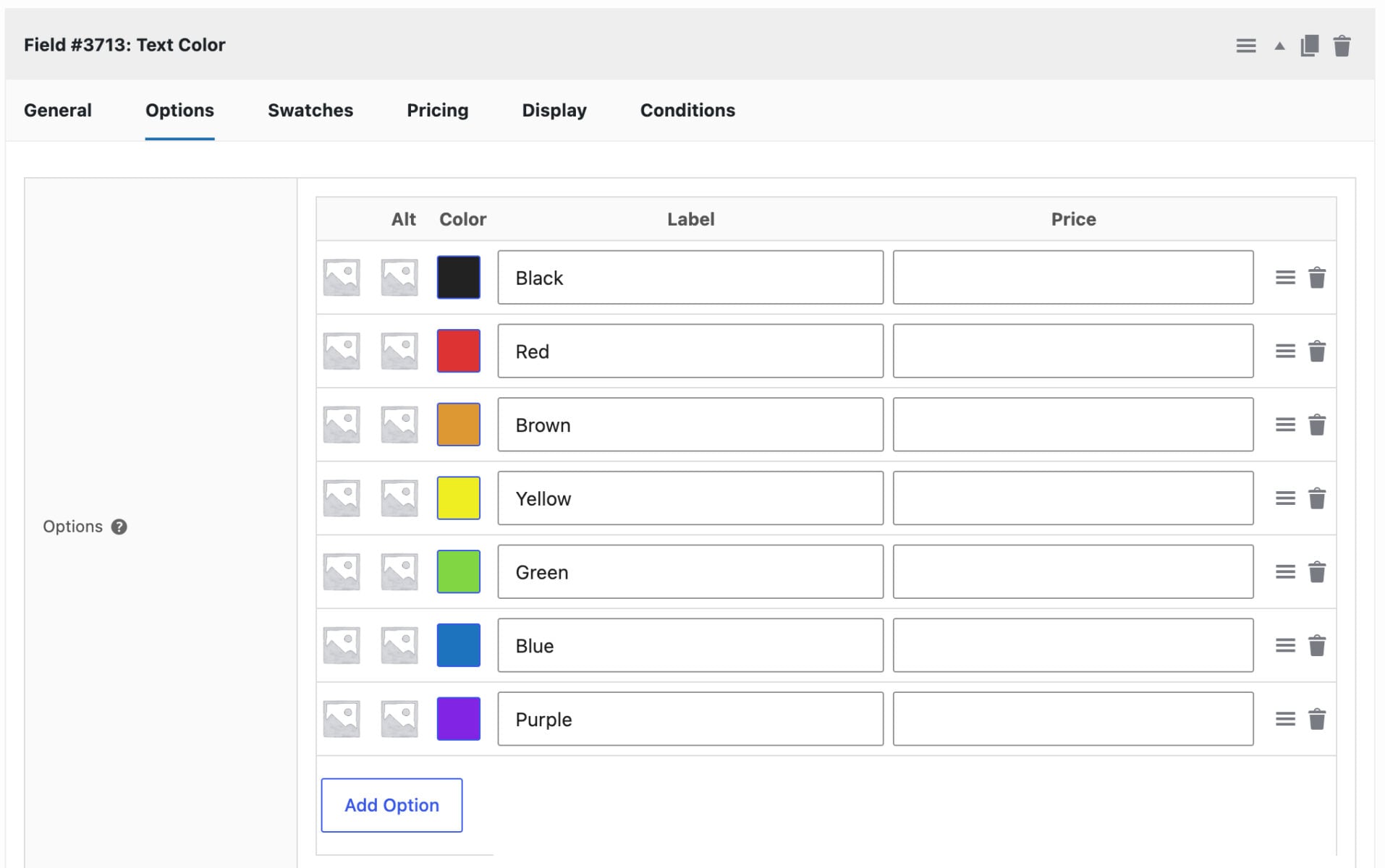 Color swatch options for Text Previews
