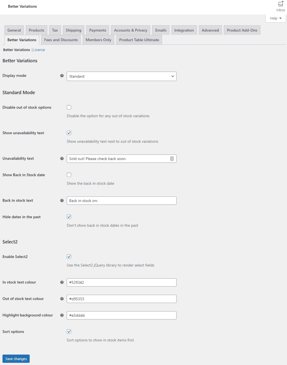 WooCommerce Better Variations settings