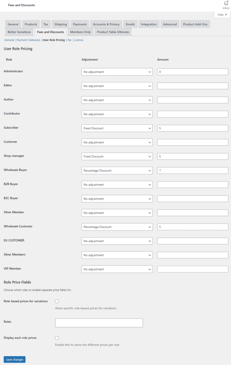 Set fees and discounts by user role