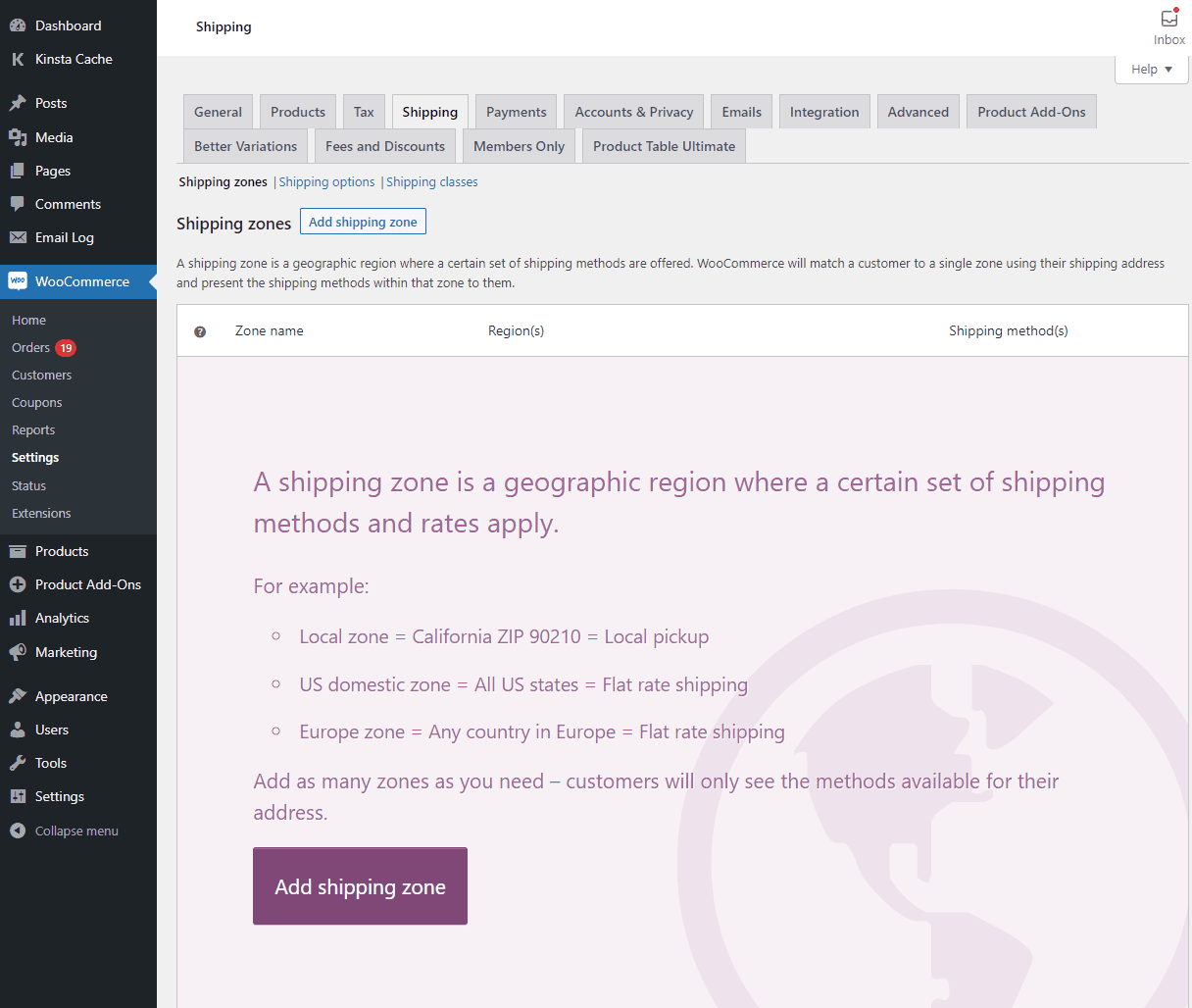 WooCommerce shipping settings