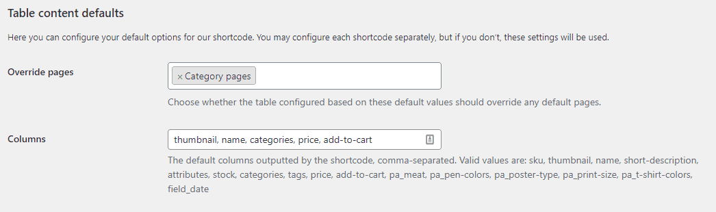 WooCommerce Product Table Ultimate columns setting