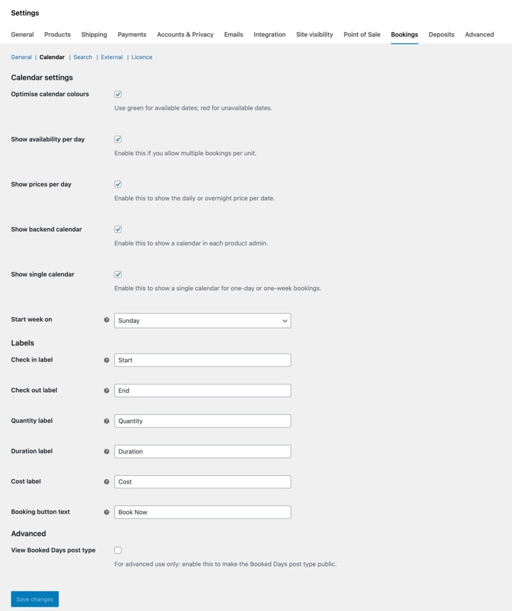 Bookings for WooCommerce calendar settings