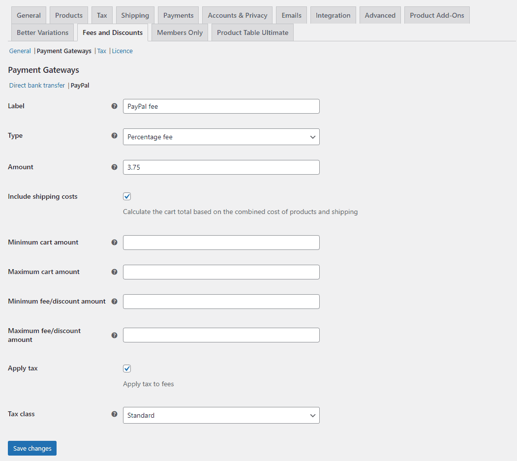 Payment gateways fee settings