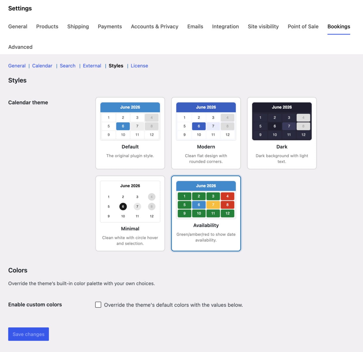 Bookings for WooCommerce calendar theme selector
