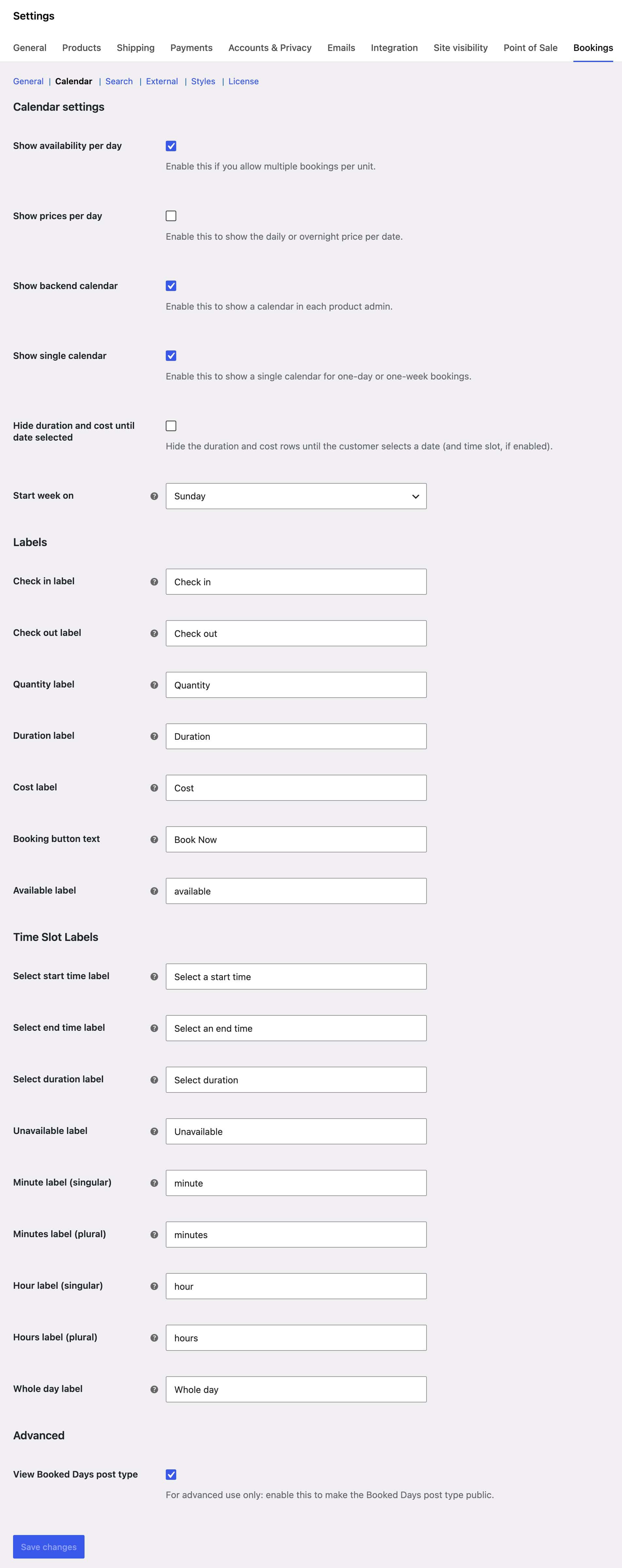 Bookings for WooCommerce calendar settings
