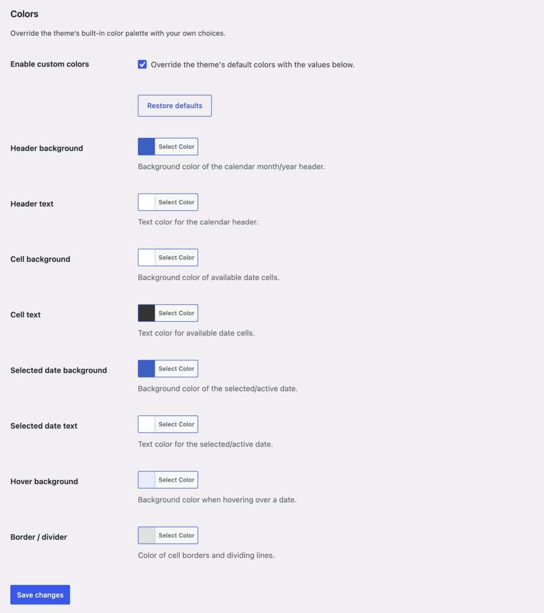 Bookings for WooCommerce calendar colors