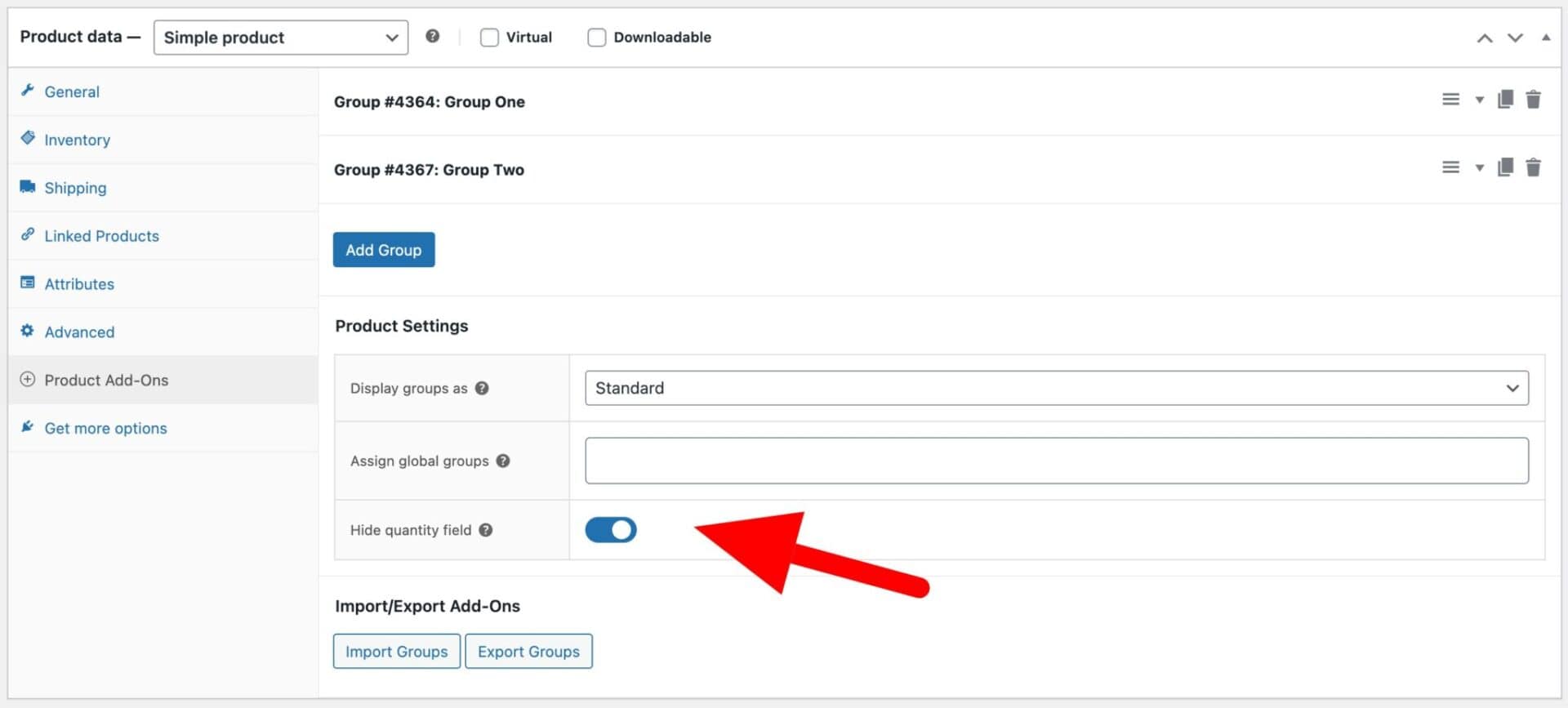 Hide quantity field setting