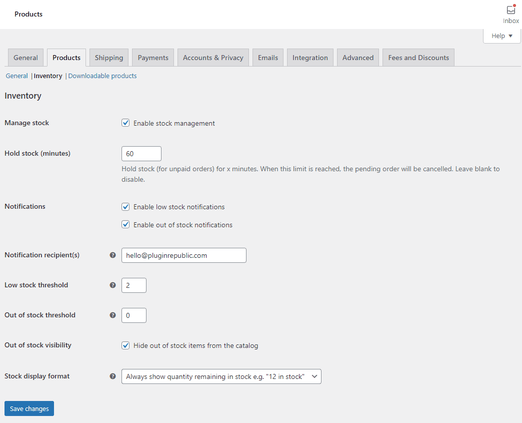 Products tab WooCommerce settings