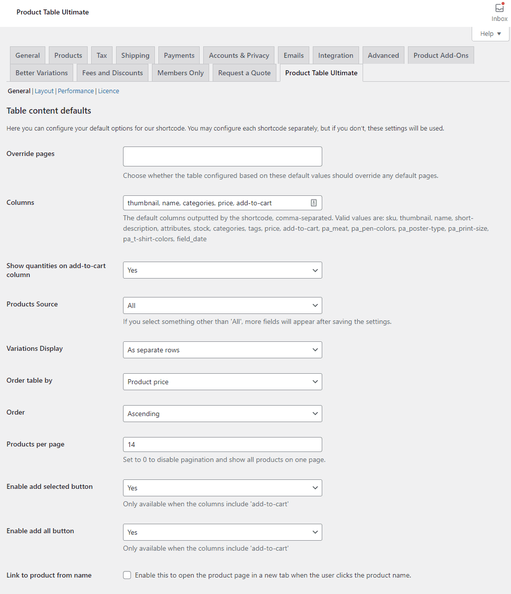 WooCommerce custom product tables settings