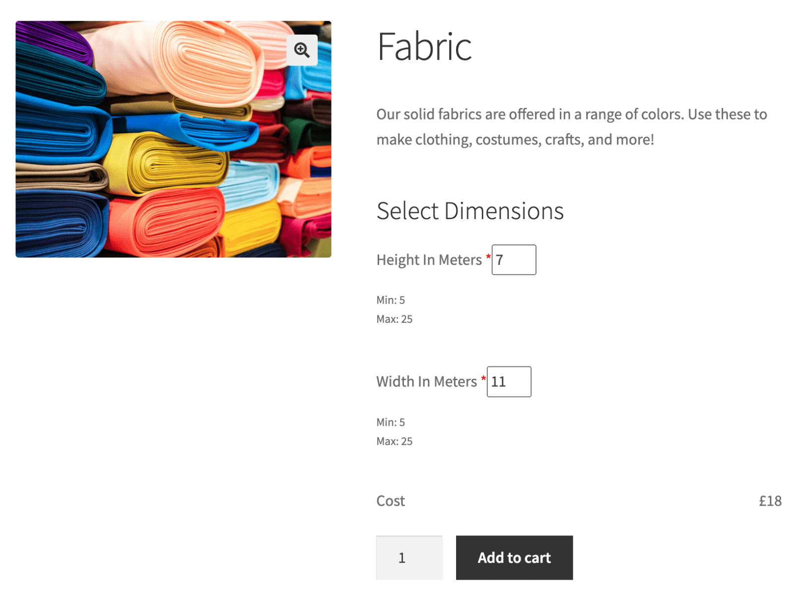 WooCommerce product dimensions fabric