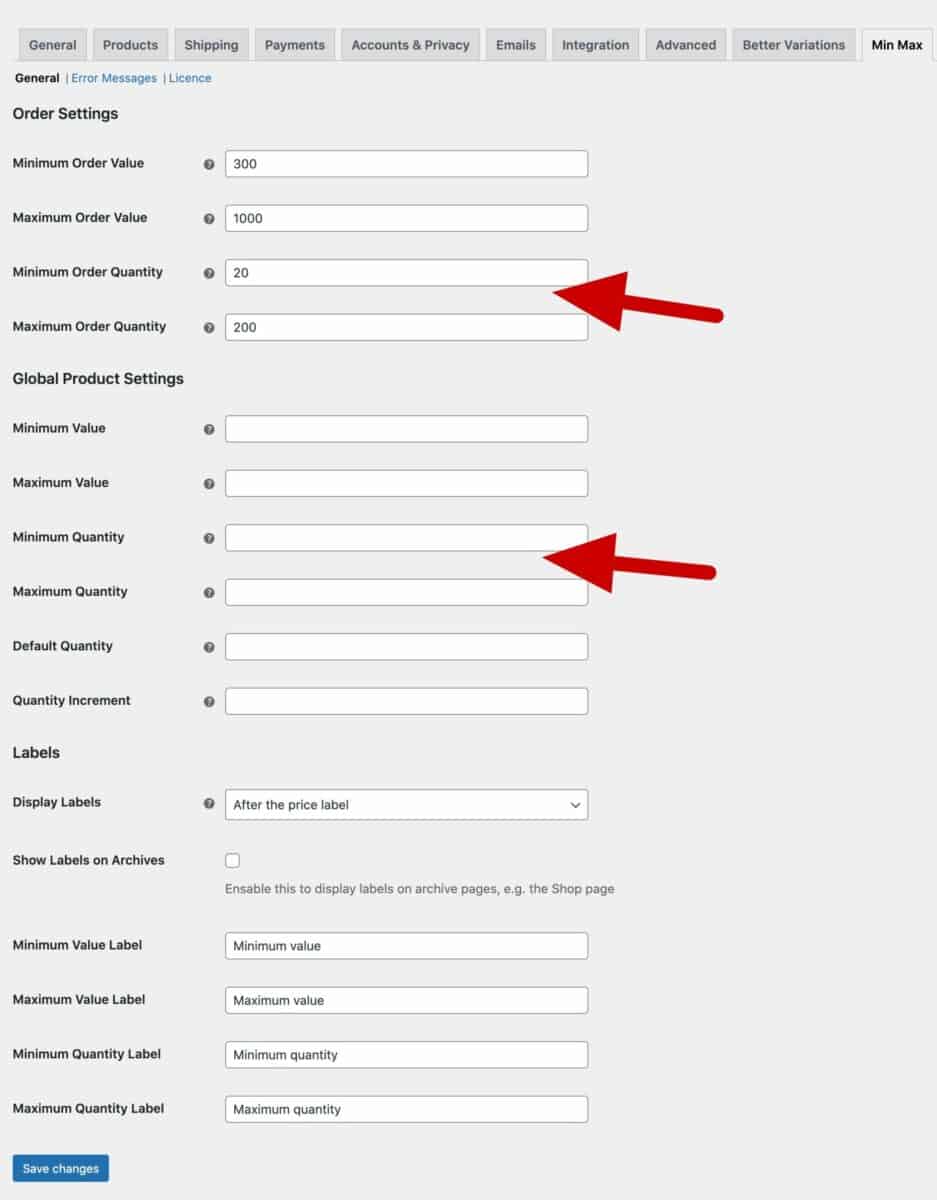 WooCommerce minimum maximum quantity global settings