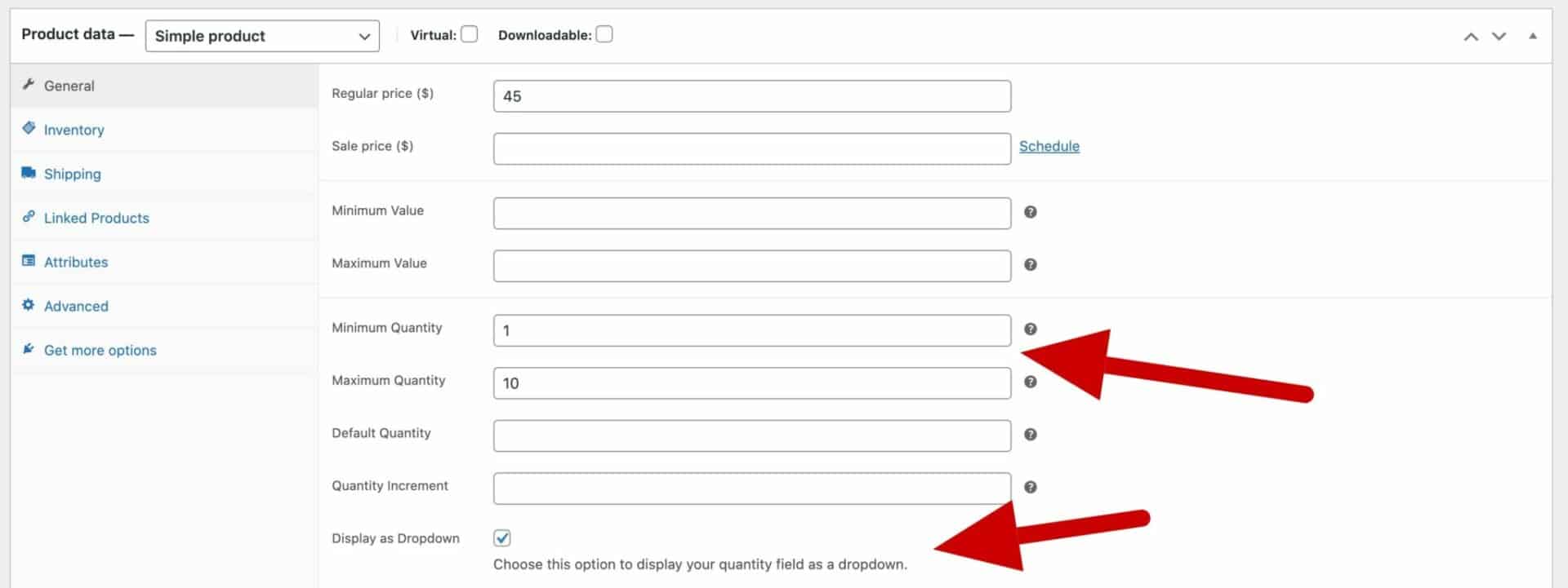 WooCommerce quantity dropdown setting