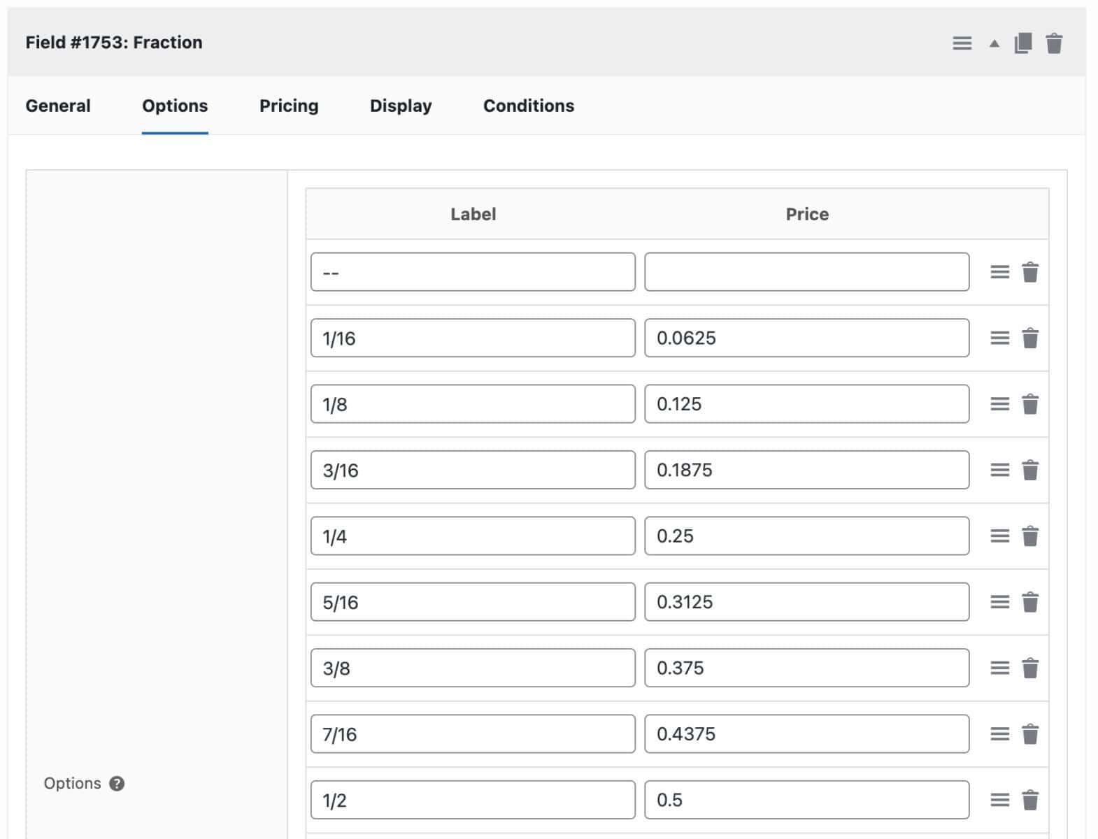 Select field with fractions as options