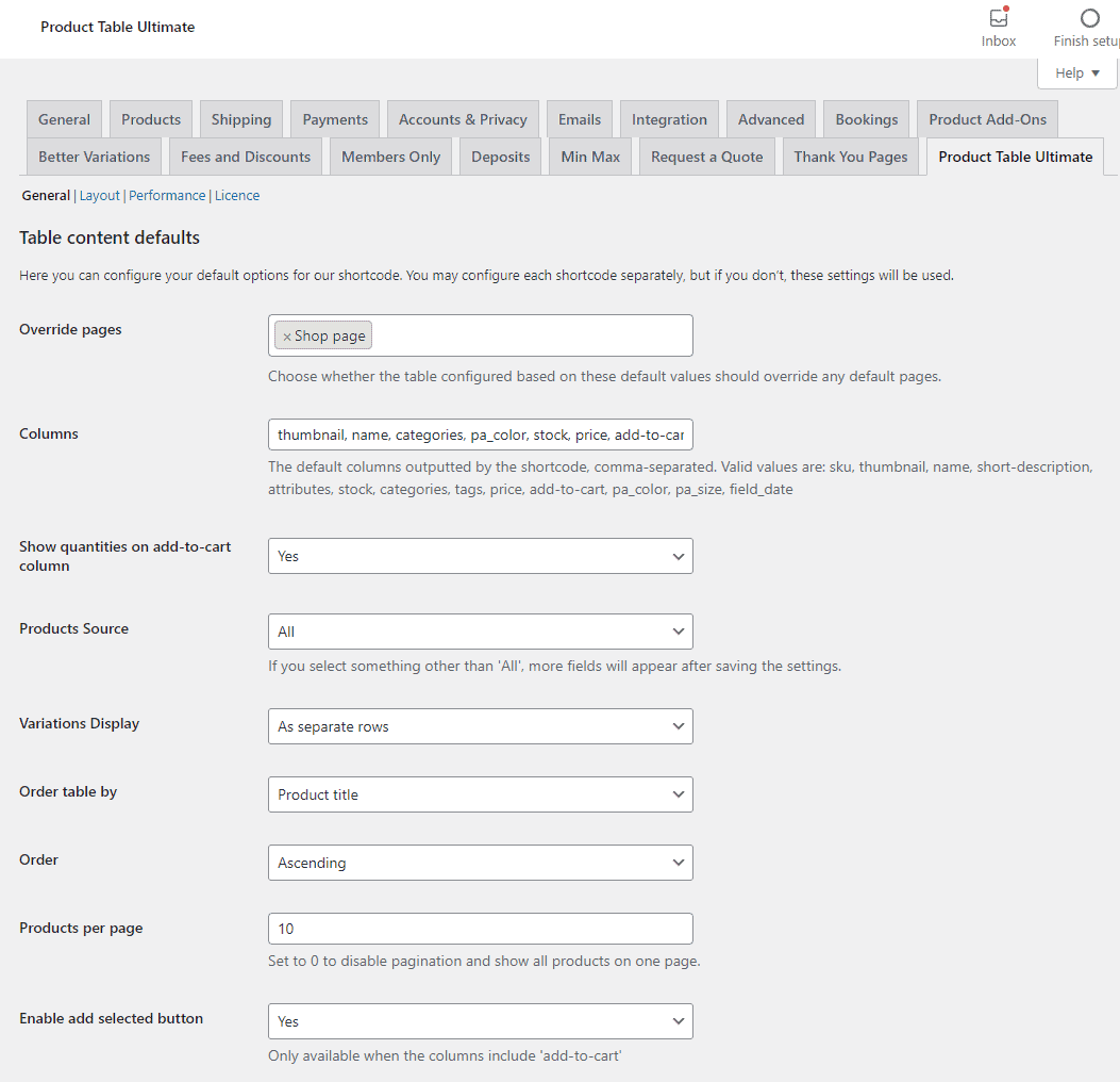 WooCommerce Product Table Ultimate settings