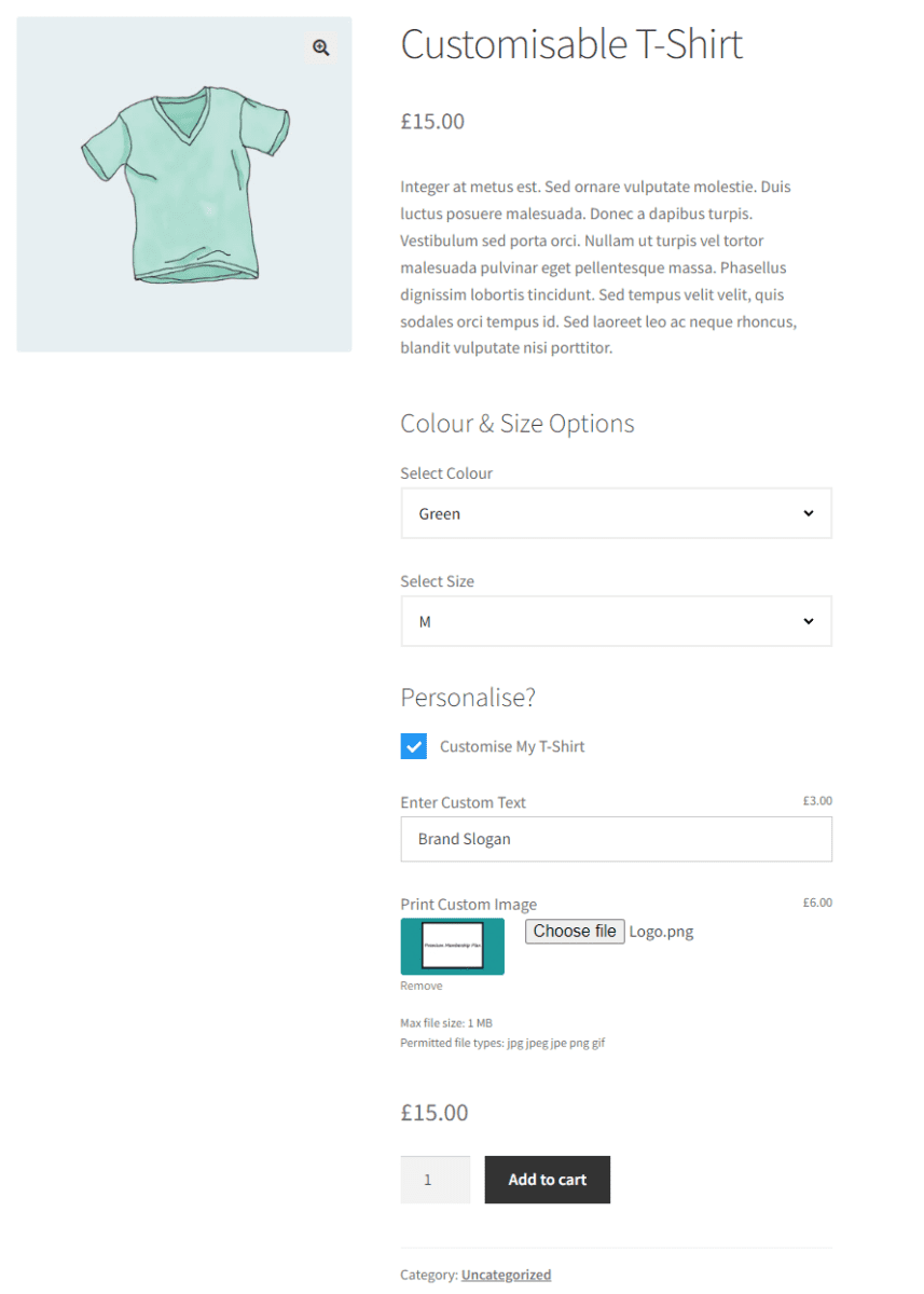 WooCommerce product page with customisation