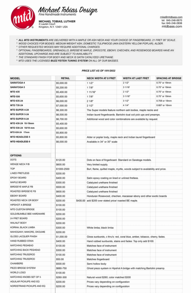 MTD price list