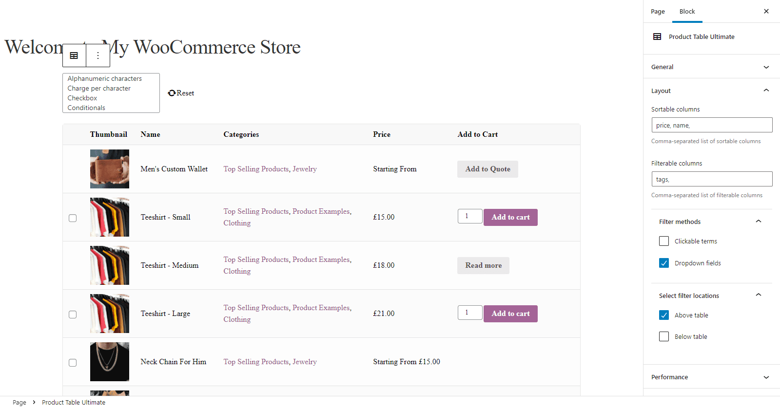 Configure sort and filter options