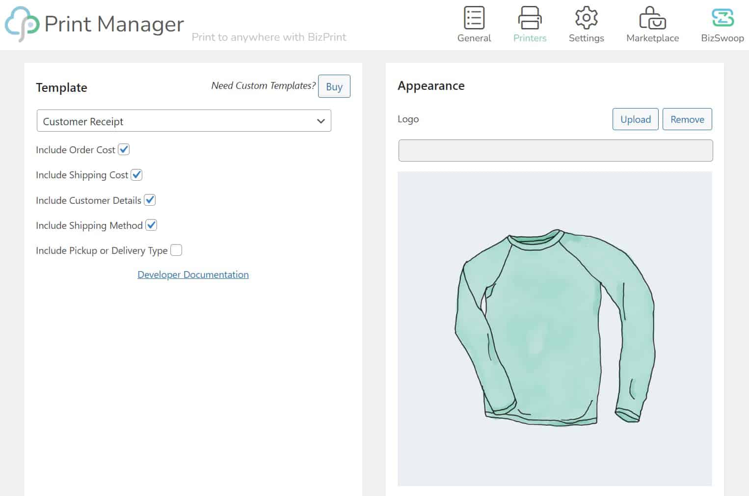 BizPrint – customer receipt template settings