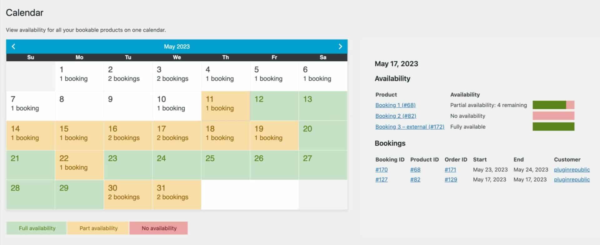 WooCommerce bookings back-end calendar for all products