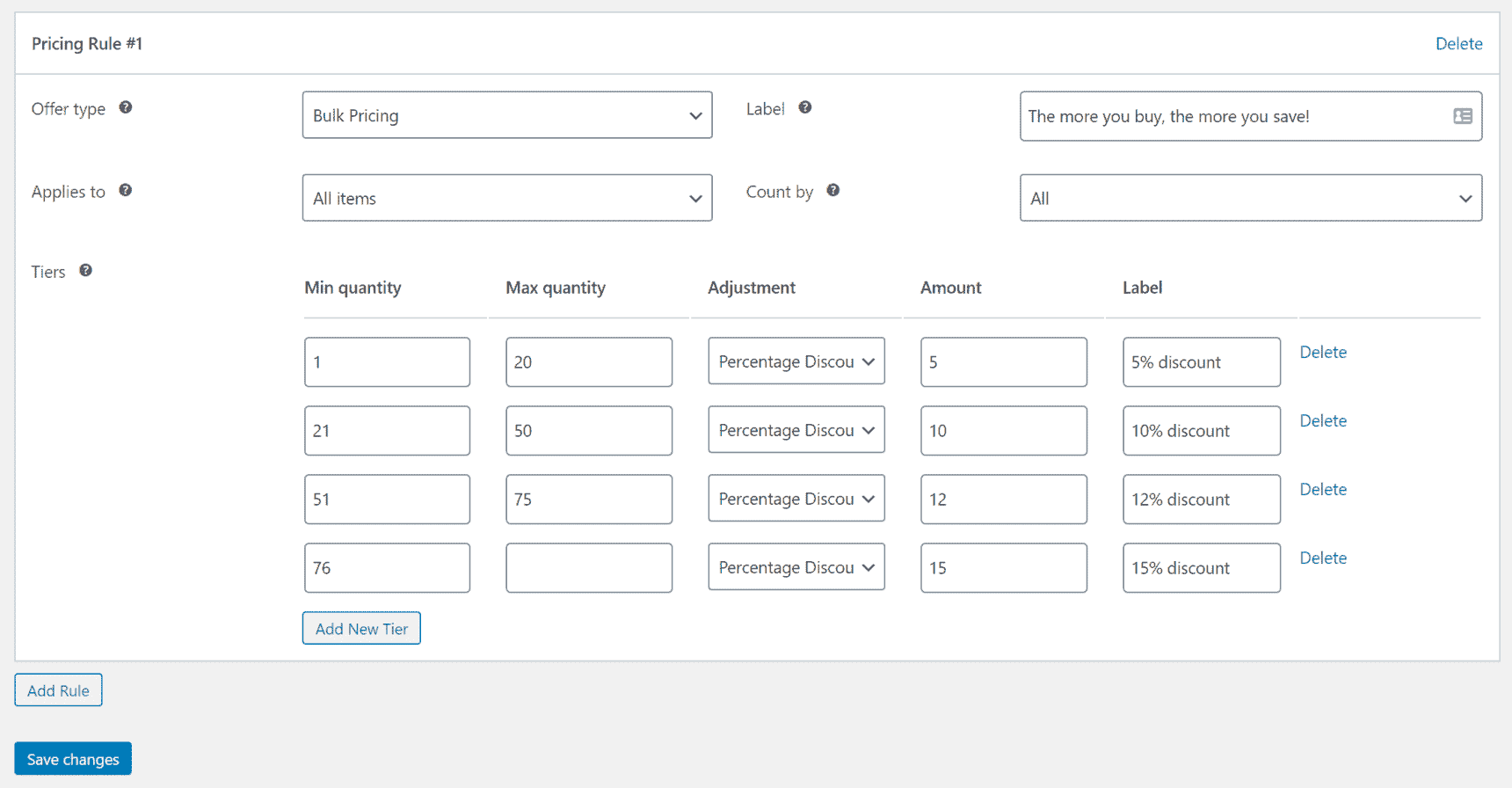 Tiered pricing using the WooCommerce Fees and Discounts plugin