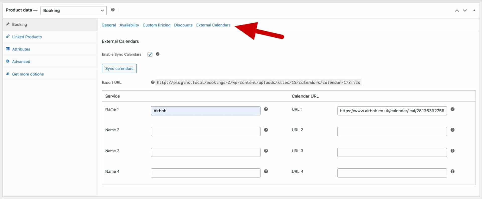 Link to external calendars setting for booking product