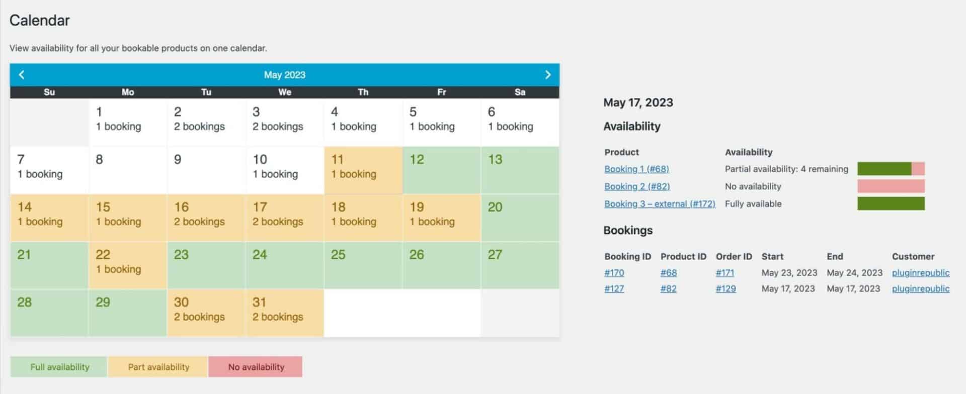 Bookings for WooCommerce global calendar