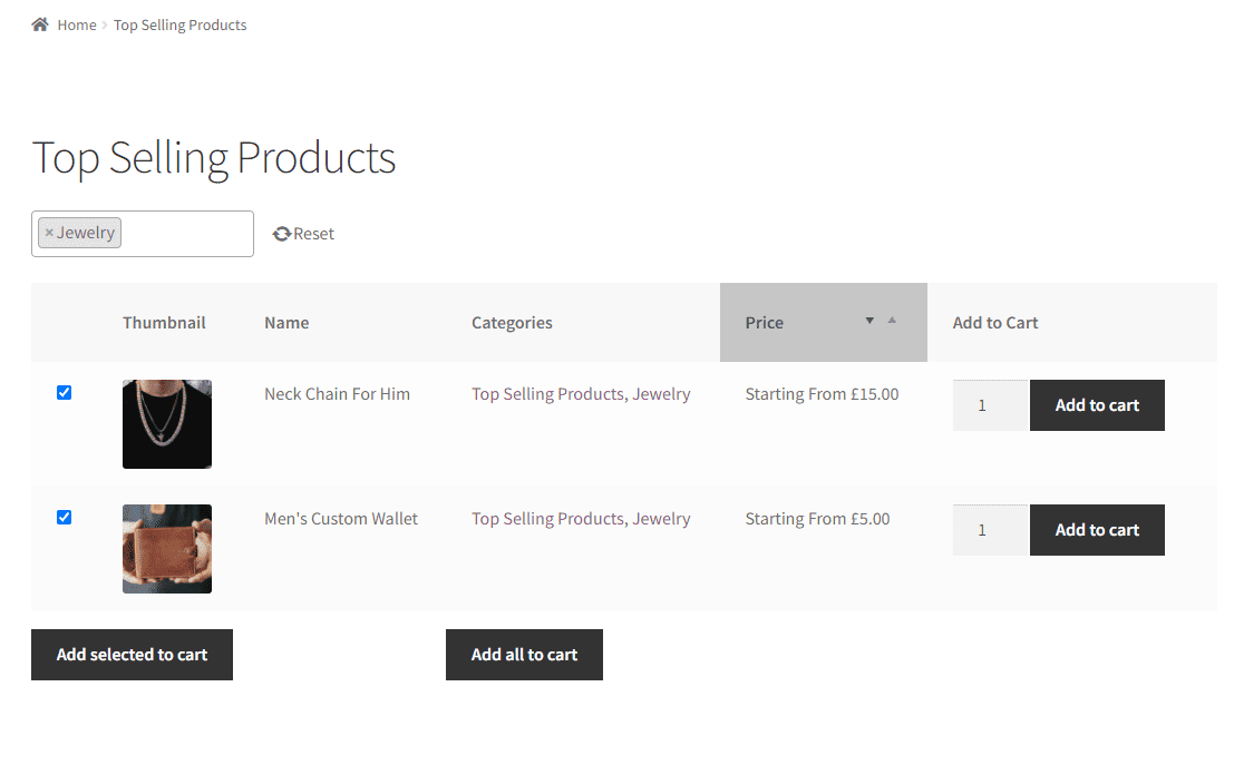 Product table sorting and filtering