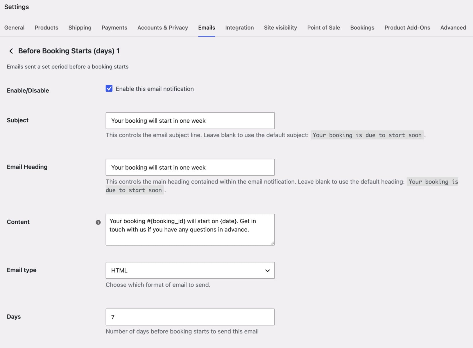 Settings for individual email in Bookings for WooCommerce