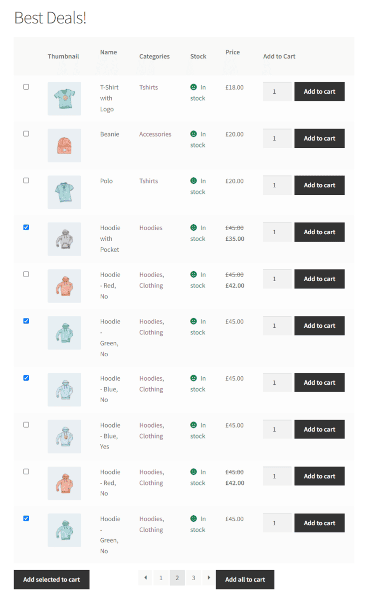 Show product variations in table layout