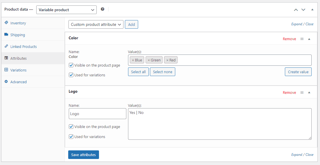 Verify product variation settings