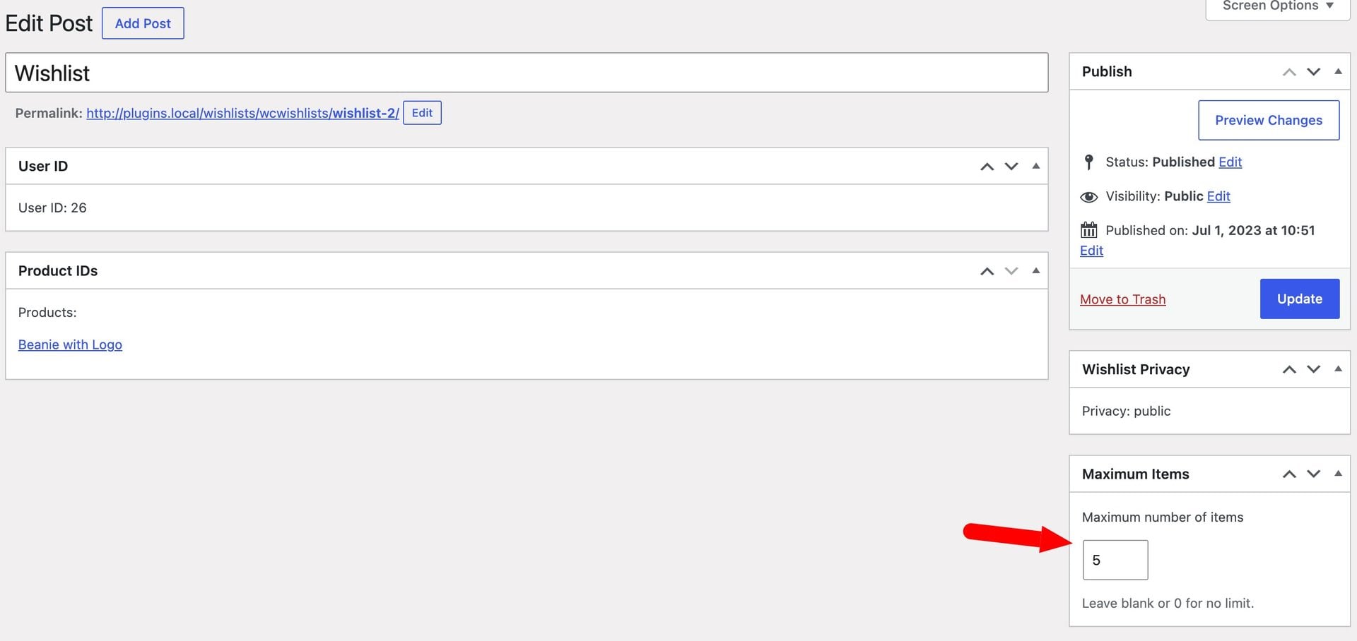 Set maximum number of items in a WooCommerce wishlist