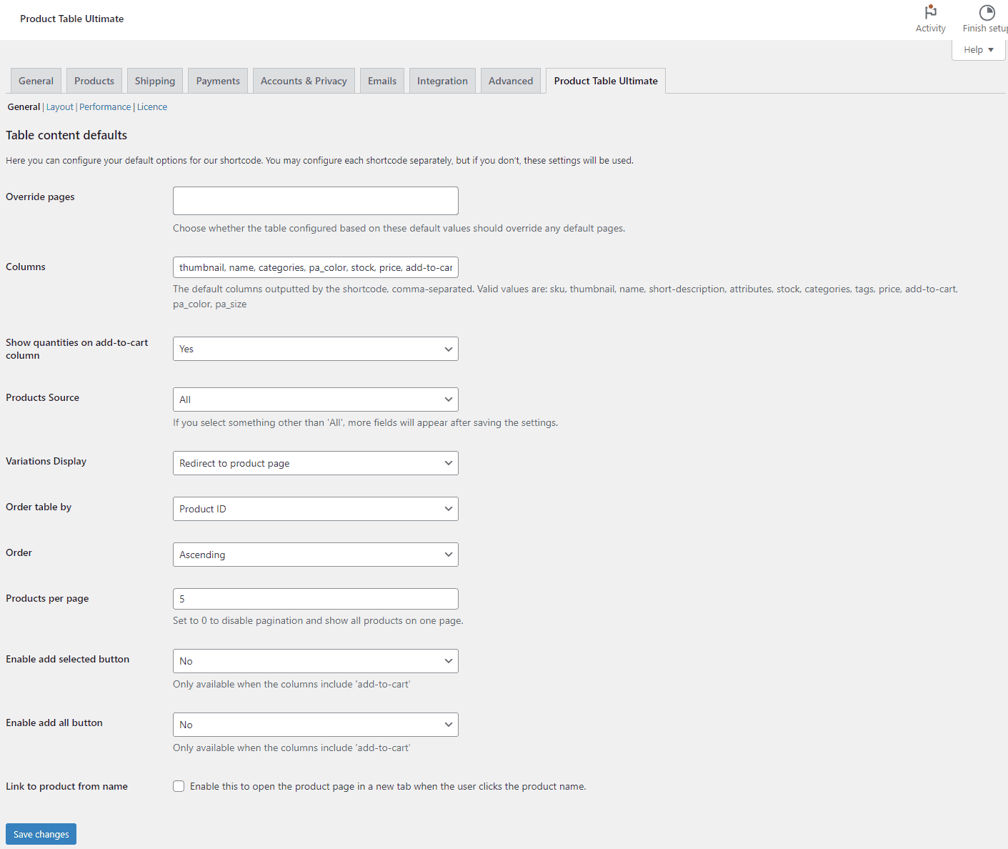 Product Table Ultimate settings