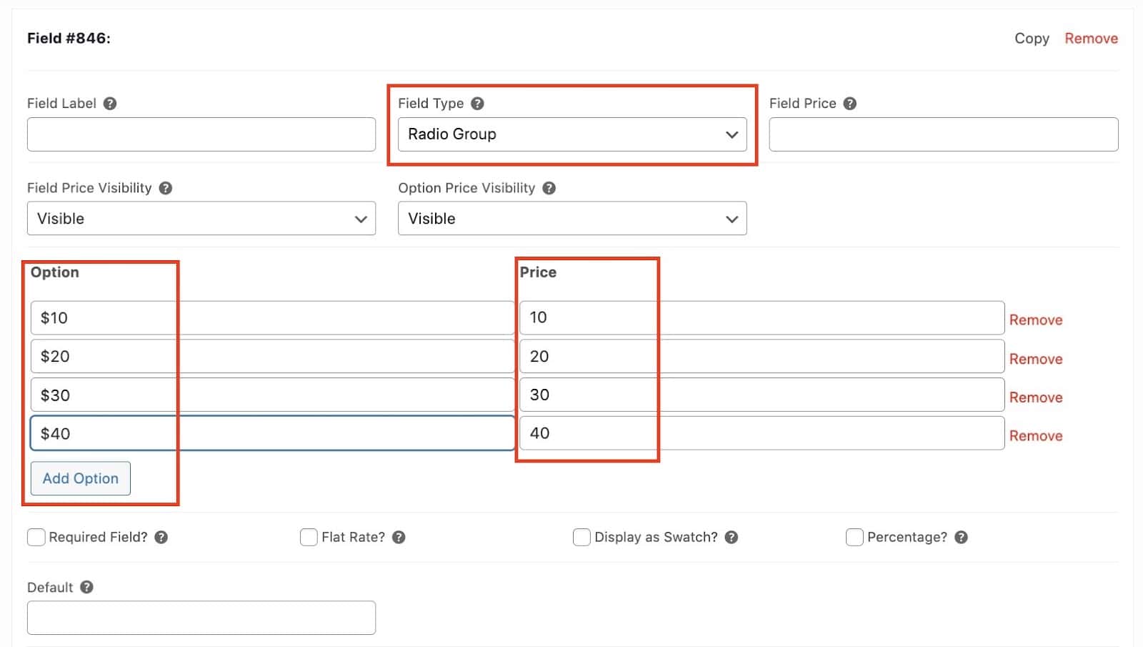 Create radio group and set options