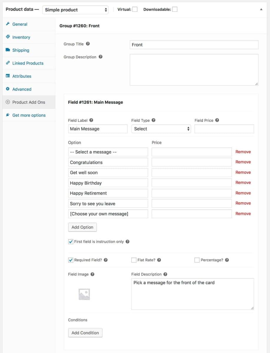 Adding information such as field label, type and price to the additional fields form for product pages using the WooCommerce Product Add-Ons Ultimate plugin.