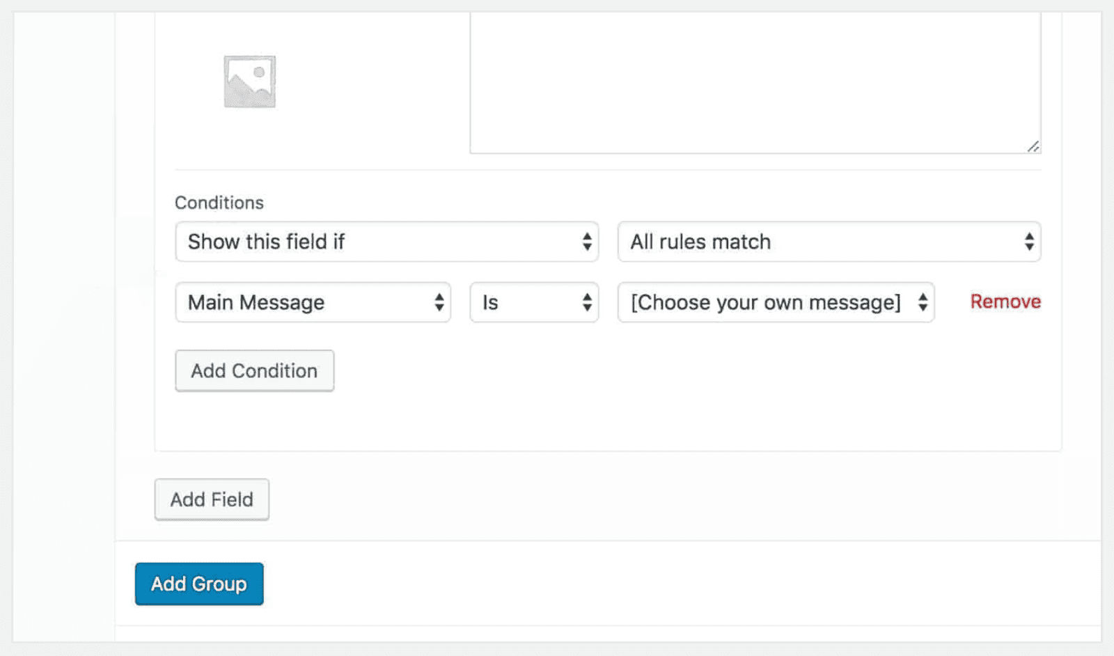 The form for adding conditional logic to extra product options via the Add-Ons Ultimate plugin.