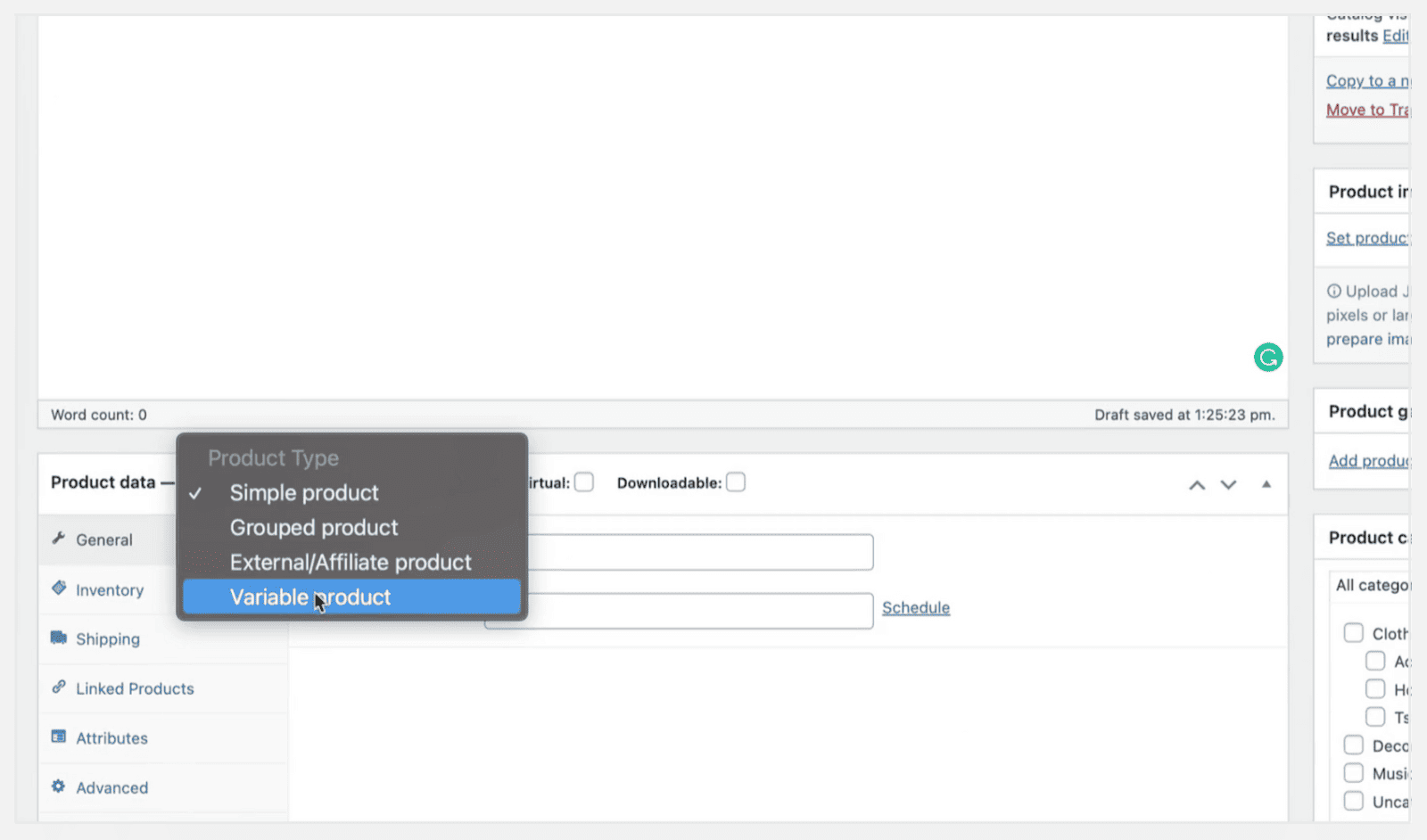 Selecting ‘Variable product' in the 'Product type' dropdown menu on the 'Product data' panel in WooCommerce product pages.