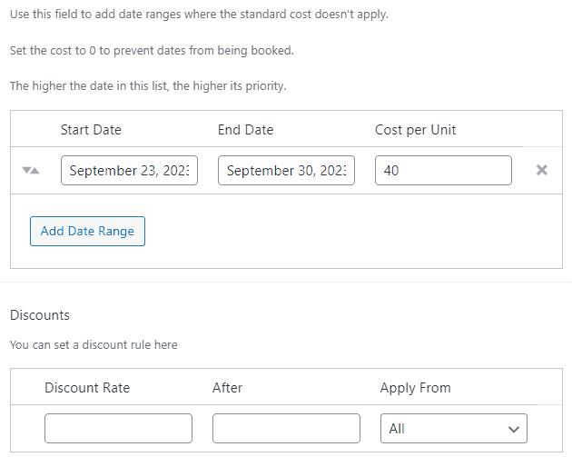 Setting non-standard booking costs.