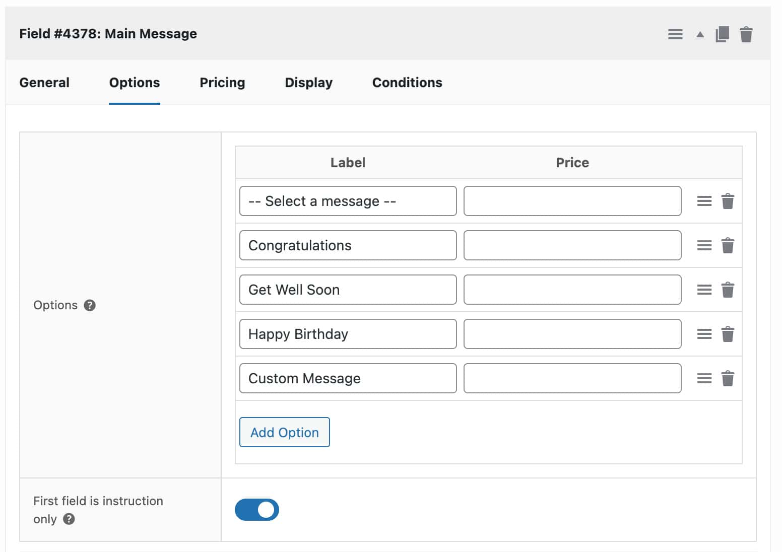 Adding information such as field label, type and price to the additional fields form for product pages using the WooCommerce Product Add-Ons Ultimate plugin.