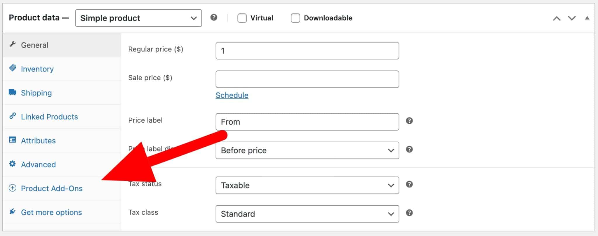 A screenshot demonstrating how to navigate to the Product Add Ons creation tab from the WooCommerce product editor.