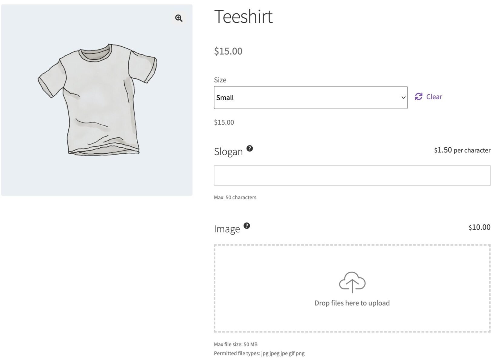 Teeshirt product with custom fields