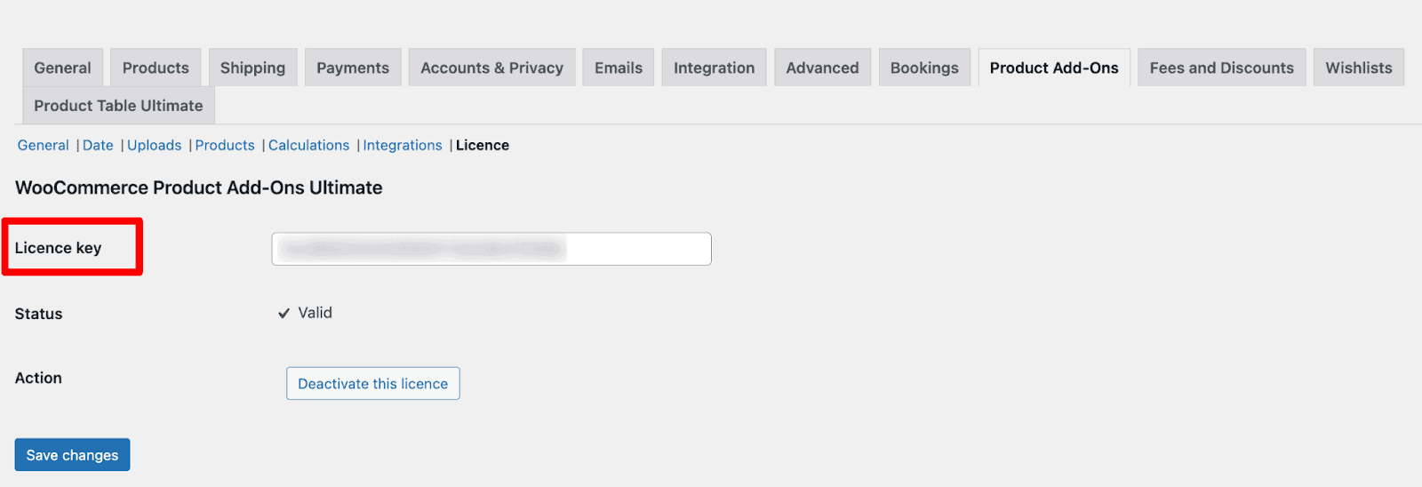 Enter the license key for WooCommerce Product Add-Ons Ultimate at the WordPress backend